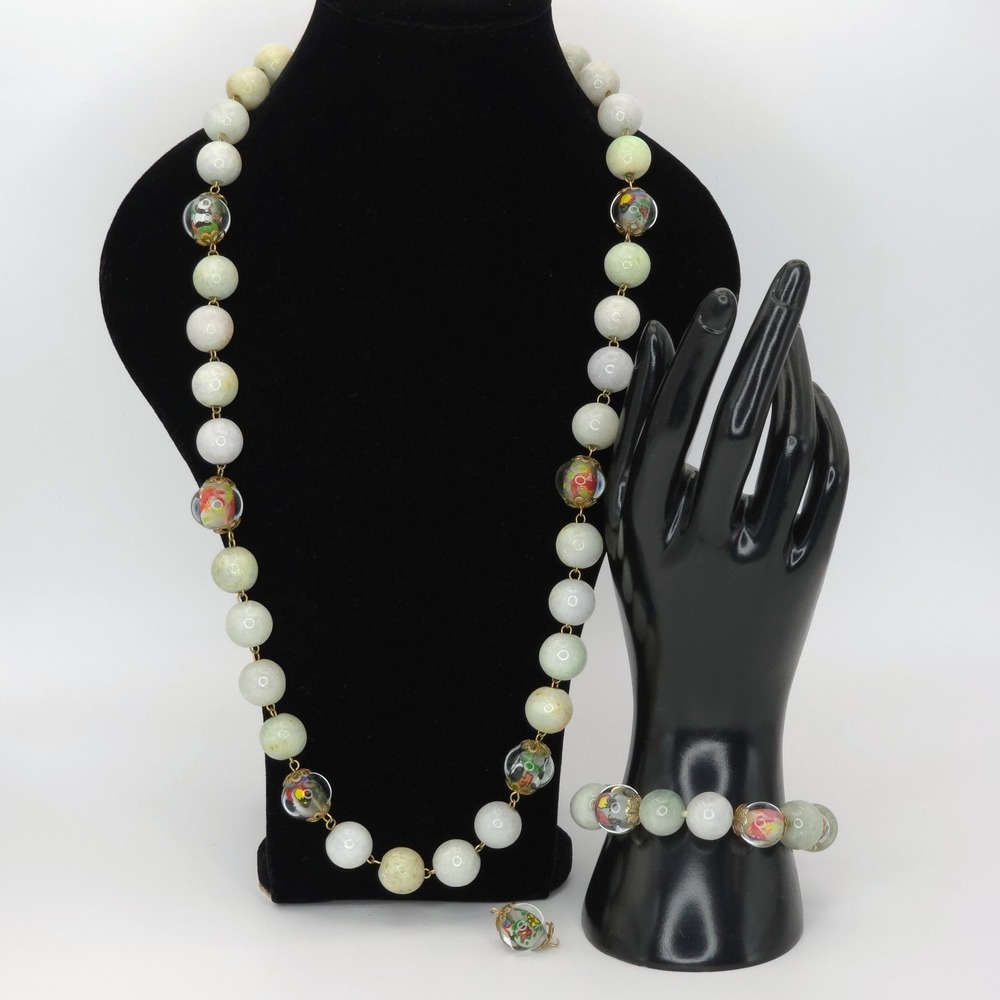 Antique Jade Necklace & Bracelet Set Reverse Hand Painted Glass Green Lavender